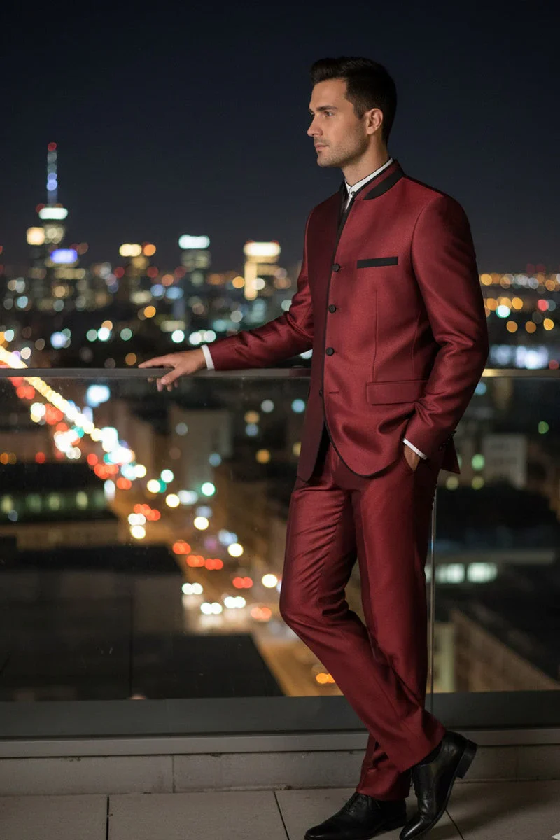 Mens Burgundy Sharkskin Mandarin Collar Tuxedo - 2 Piece Slim Fit Luxury Set - Image 2