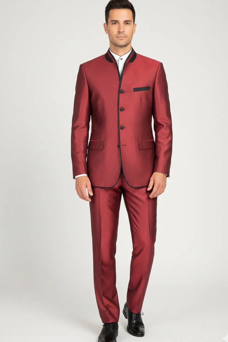 Mens Burgundy Sharkskin Mandarin Collar Tuxedo - 2 Piece Slim Fit Luxury Set - Image 3