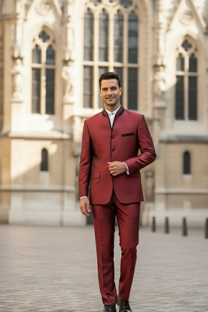Mens Burgundy Sharkskin Mandarin Collar Tuxedo - 2 Piece Slim Fit Luxury Set - Image 4