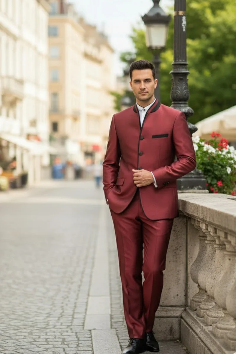 Mens Burgundy Sharkskin Mandarin Collar Tuxedo - 2 Piece Slim Fit Luxury Set - Image 5