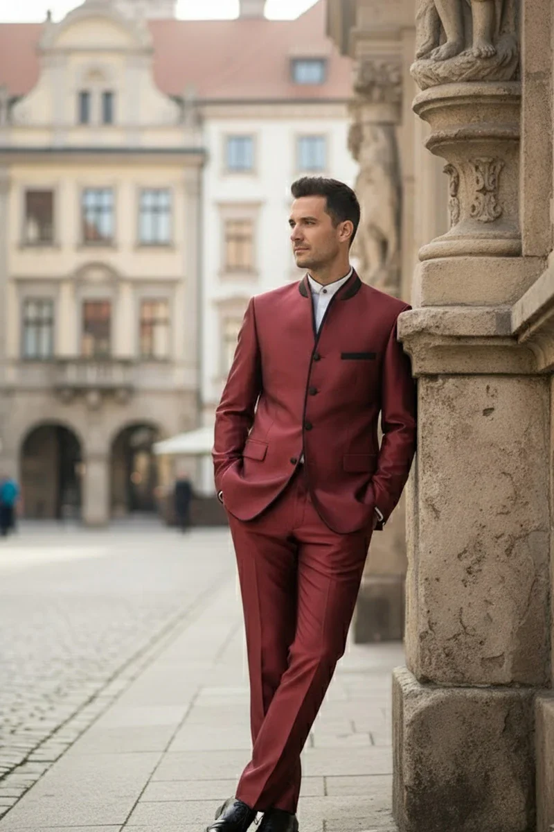 Mens Burgundy Sharkskin Mandarin Collar Tuxedo - 2 Piece Slim Fit Luxury Set - Image 6