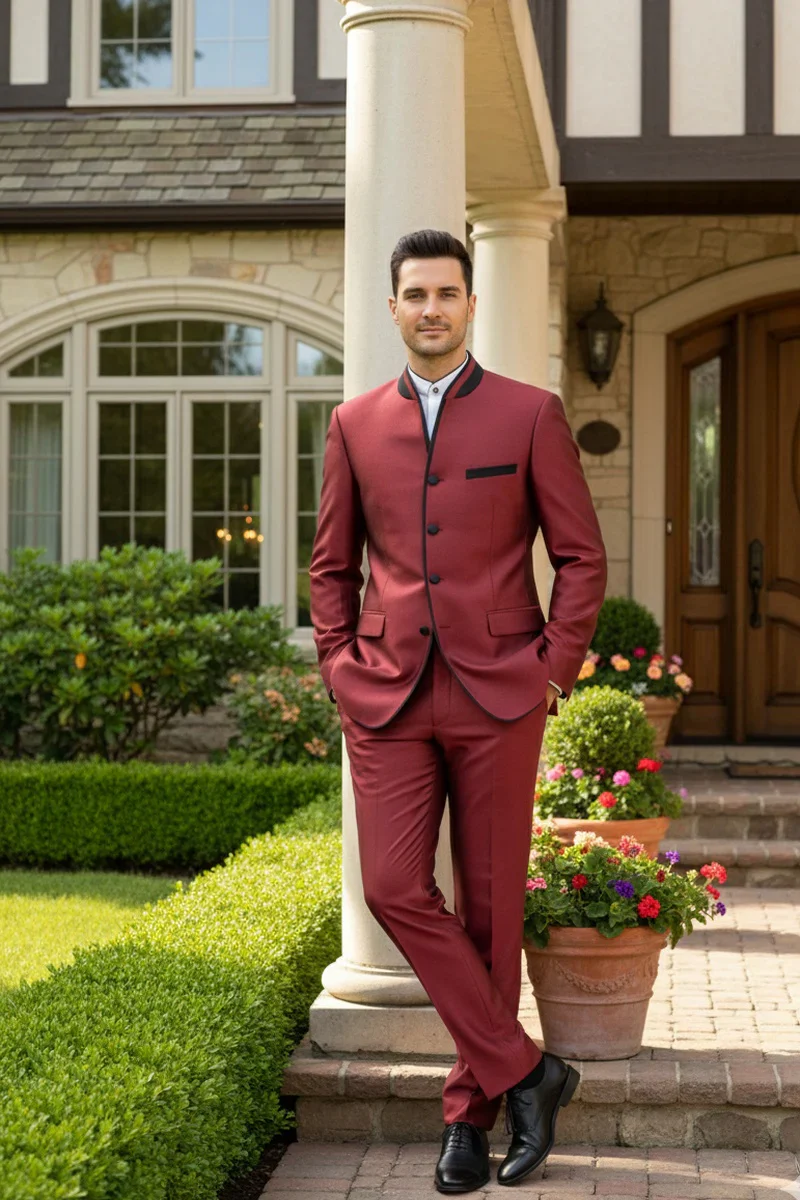 Mens Burgundy Sharkskin Mandarin Collar Tuxedo - 2 Piece Slim Fit Luxury Set - Image 7