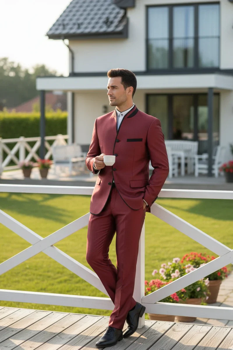Mens Burgundy Sharkskin Mandarin Collar Tuxedo - 2 Piece Slim Fit Luxury Set - Image 8