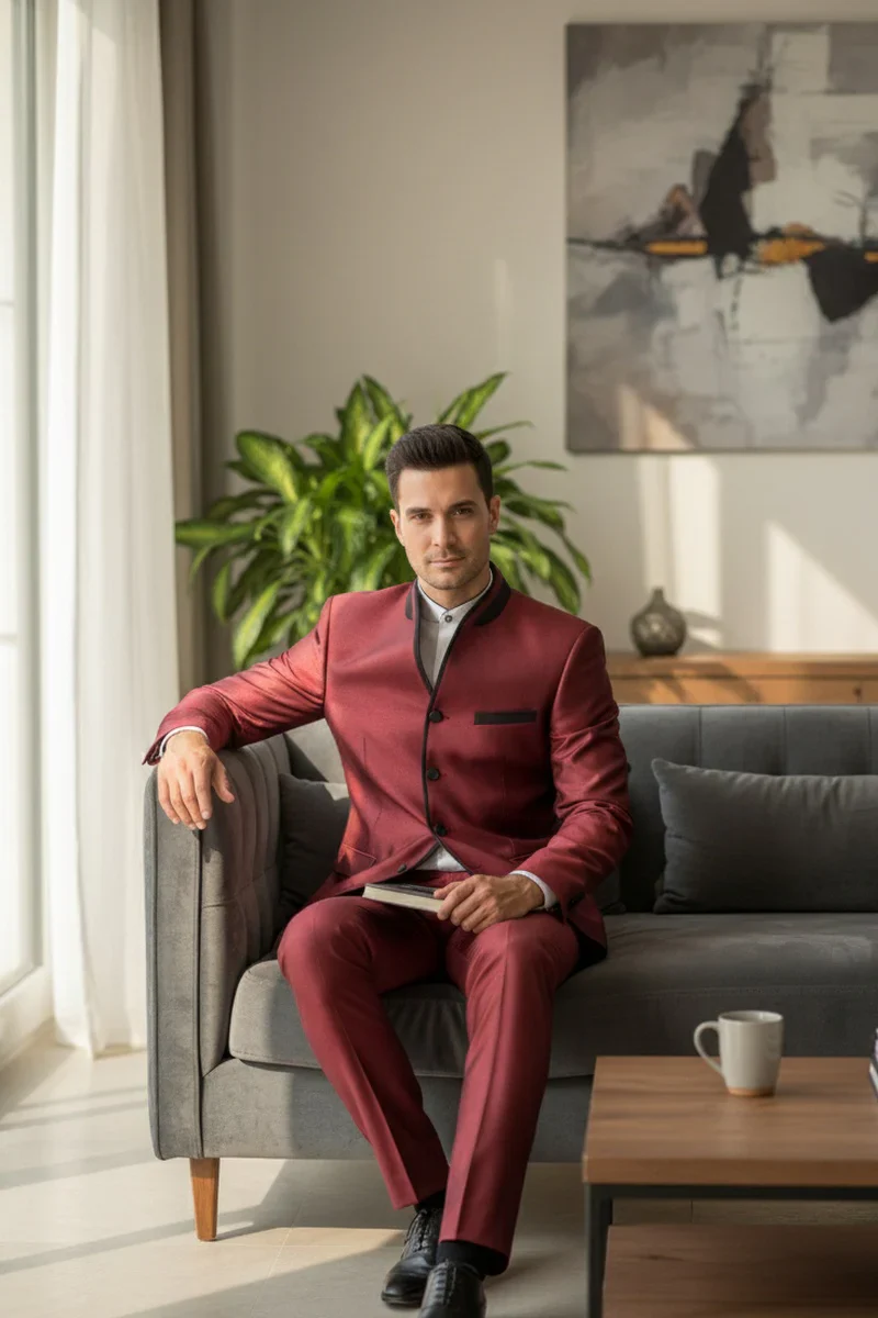 Mens Burgundy Sharkskin Mandarin Collar Tuxedo - 2 Piece Slim Fit Luxury Set - Image 9
