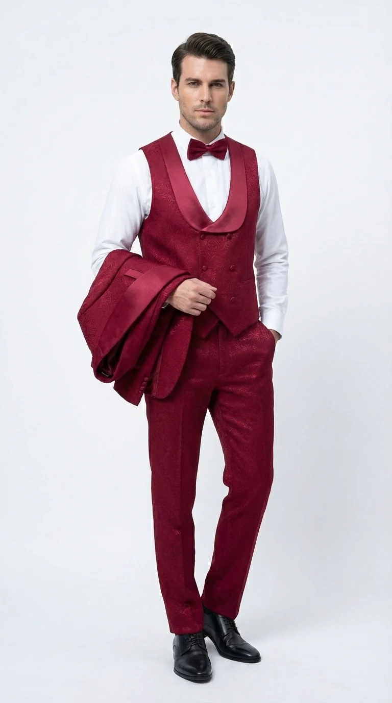 Mens Burgundy Wedding Tuxedo Suit – Paisley Three Piece Formal Suit Set with Shawl Lapel for Groom, Prom - Image 6