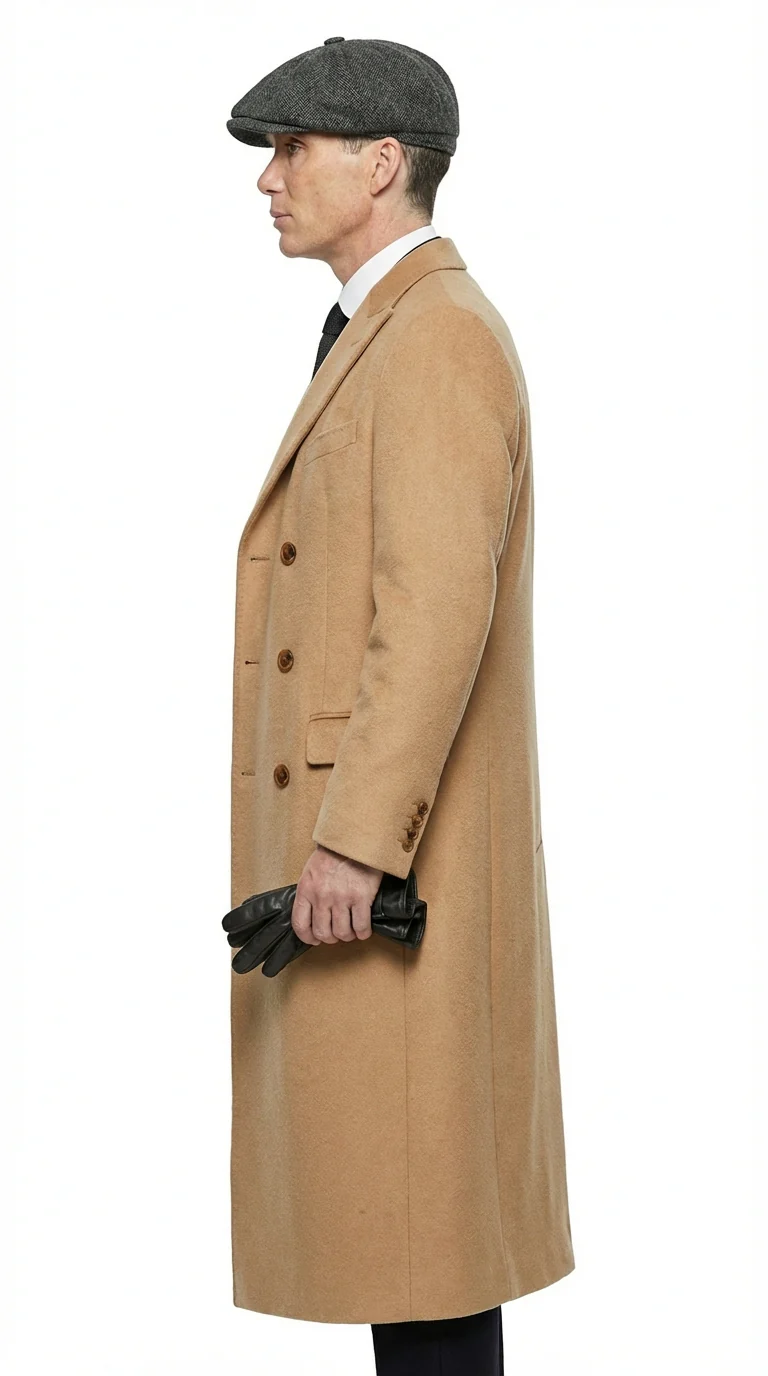 Mens Camel Brown Double Breasted Wool Overcoat + Suit – Peaky Blinders Inspired Vintage Long Trench Coat with Lapel Collar - Image 2
