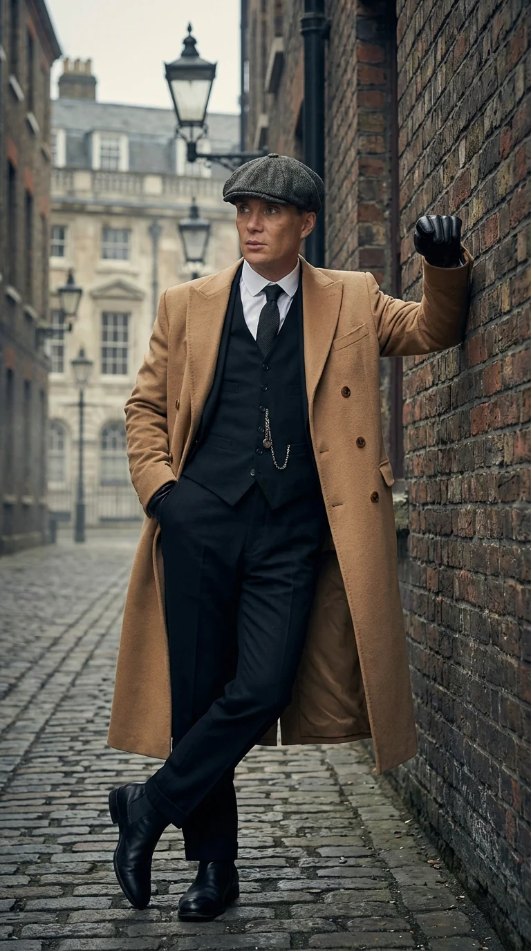 Mens Camel Brown Double Breasted Wool Overcoat + Suit – Peaky Blinders Inspired Vintage Long Trench Coat with Lapel Collar - Image 3