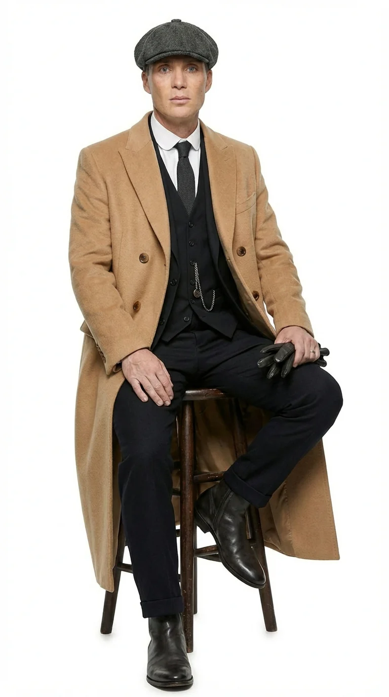Mens Camel Brown Double Breasted Wool Overcoat + Suit – Peaky Blinders Inspired Vintage Long Trench Coat with Lapel Collar - Image 4