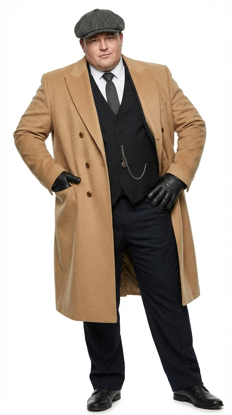 Mens Camel Brown Double Breasted Wool Overcoat + Suit – Peaky Blinders Inspired Vintage Long Trench Coat with Lapel Collar - Image 5