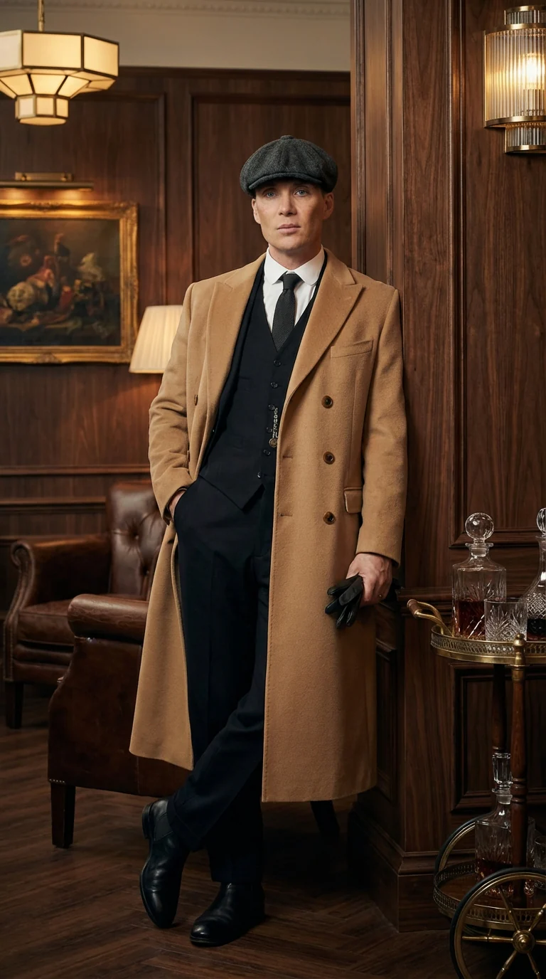 Mens Camel Brown Double Breasted Wool Overcoat + Suit – Peaky Blinders Inspired Vintage Long Trench Coat with Lapel Collar - Image 6