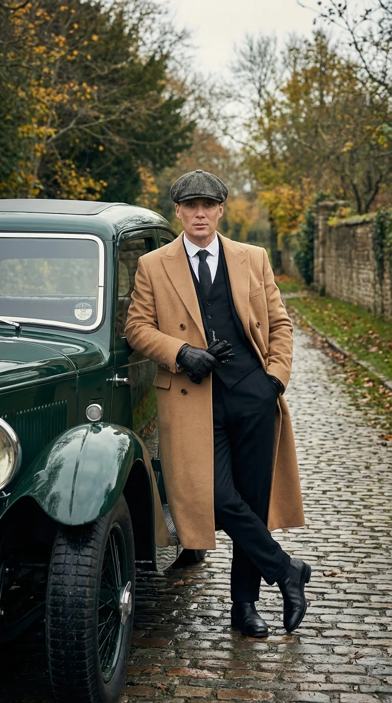 Mens Camel Brown Double Breasted Wool Overcoat + Suit – Peaky Blinders Inspired Vintage Long Trench Coat with Lapel Collar - Image 7