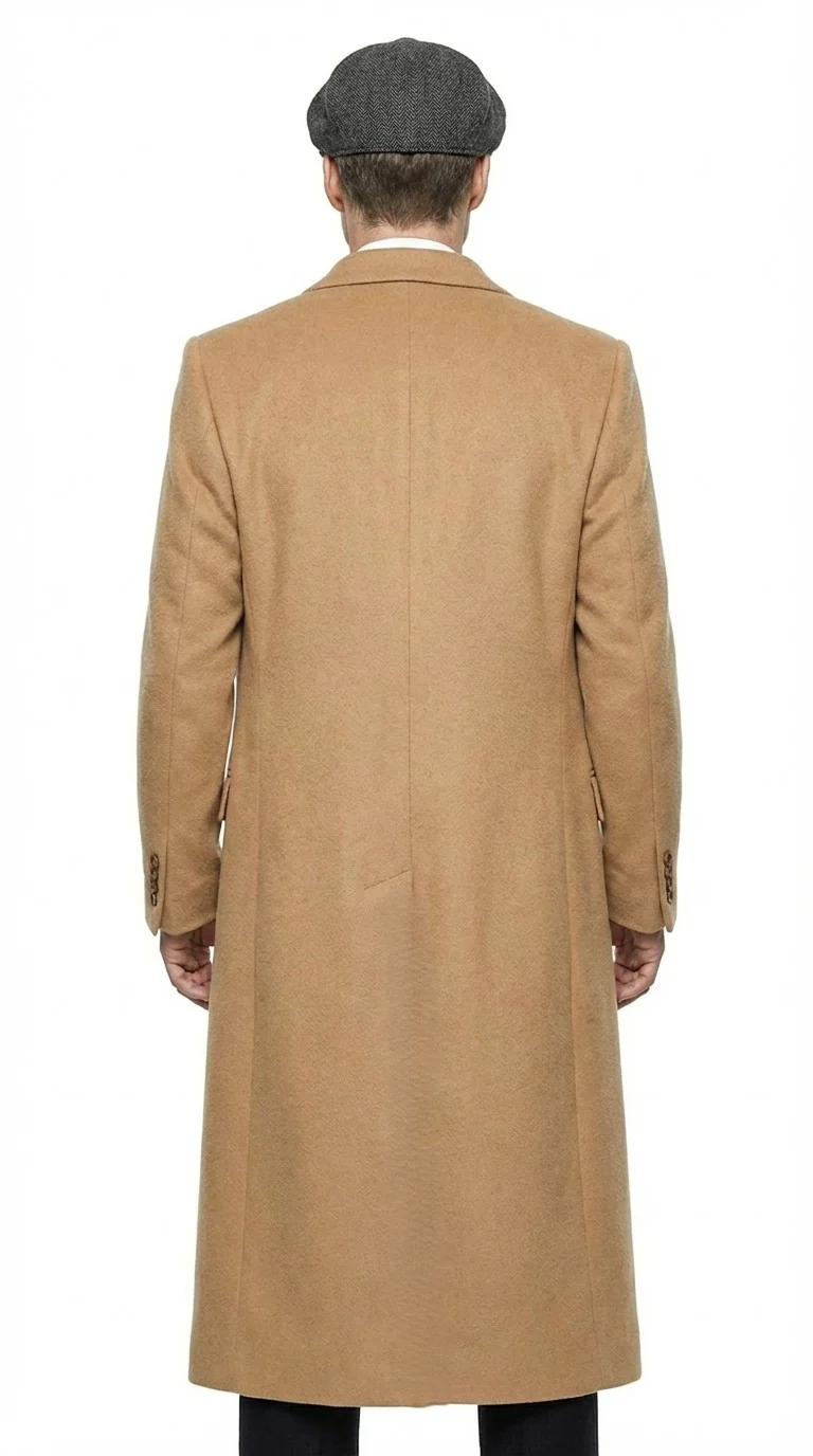 Mens Camel Brown Double Breasted Wool Overcoat + Suit – Peaky Blinders Inspired Vintage Long Trench Coat with Lapel Collar - Image 8
