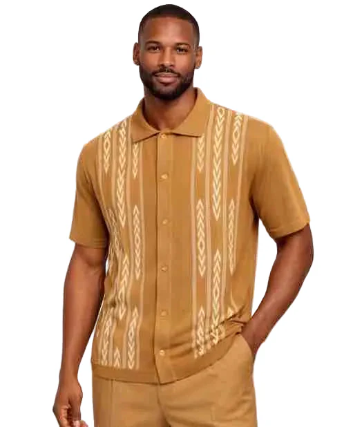 Mens Camel Textured Short Sleeve Button-Up Shirt – Vintage Pattern Casual Summer Shirt