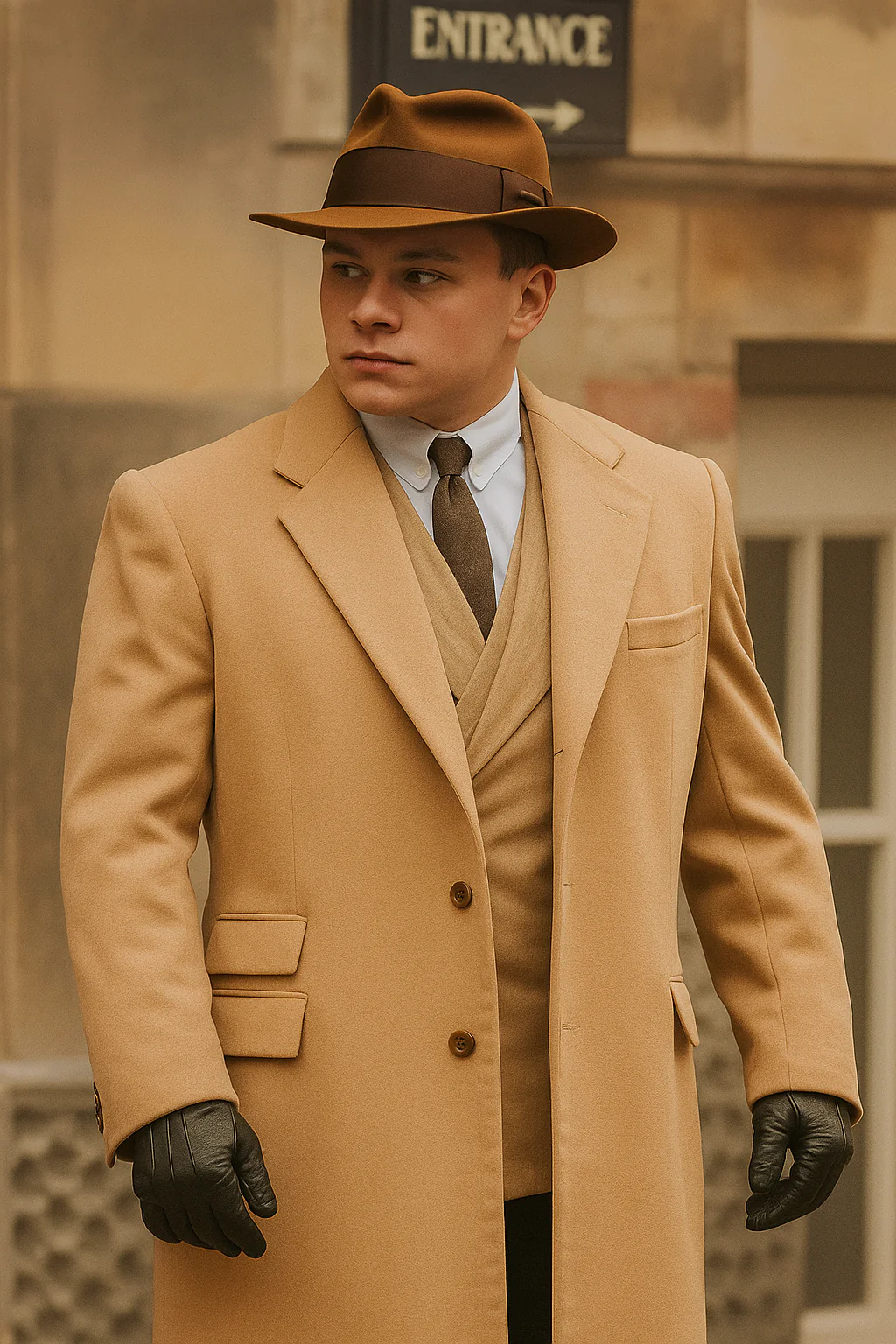 Men's Camel Two Flap Front Pockets Peaky Blinders Suits - Peaky Blinders Outfit + Overcoat + Hat (Peaky Blinder Custome) - Image 3