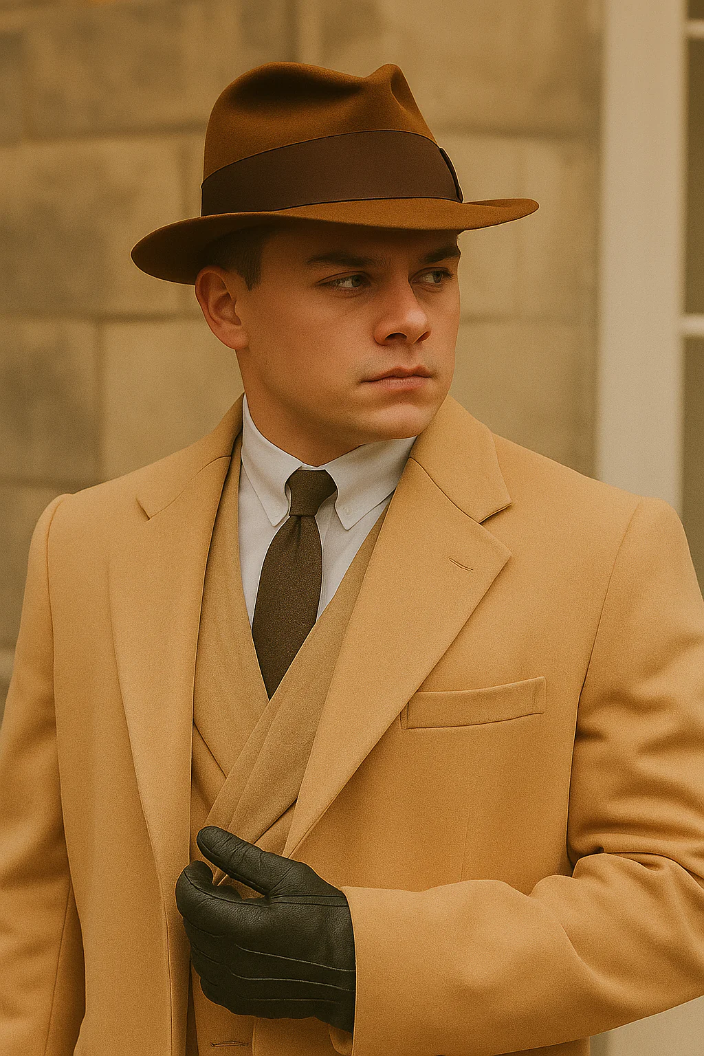 Men's Camel Two Flap Front Pockets Peaky Blinders Suits - Peaky Blinders Outfit + Overcoat + Hat (Peaky Blinder Custome) - Image 4