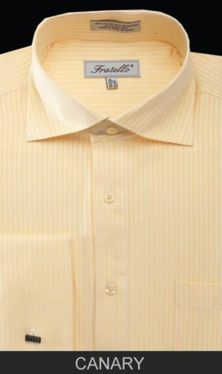 Men's Canary Straight  Collar French Cuff Dress Shirt - Striped Dress Shirt - Mens Pinstripe Dress Shirt
