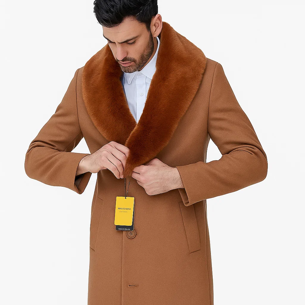 Mens Cashmere Blend Vicuna Light Brown - Dark Camel Coat Full length - Cashmere Overcoat - Image 3
