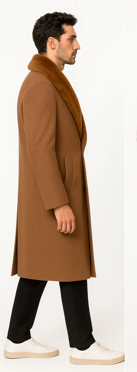 Mens Cashmere Blend Vicuna Light Brown - Dark Camel Coat Full length - Cashmere Overcoat - Image 4