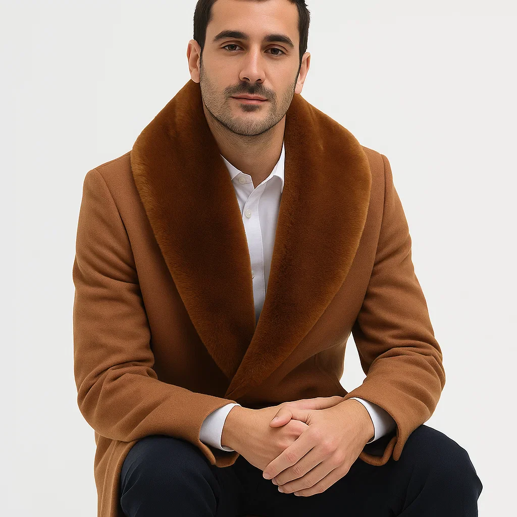 Mens Cashmere Blend Vicuna Light Brown - Dark Camel Coat Full length - Cashmere Overcoat - Image 6