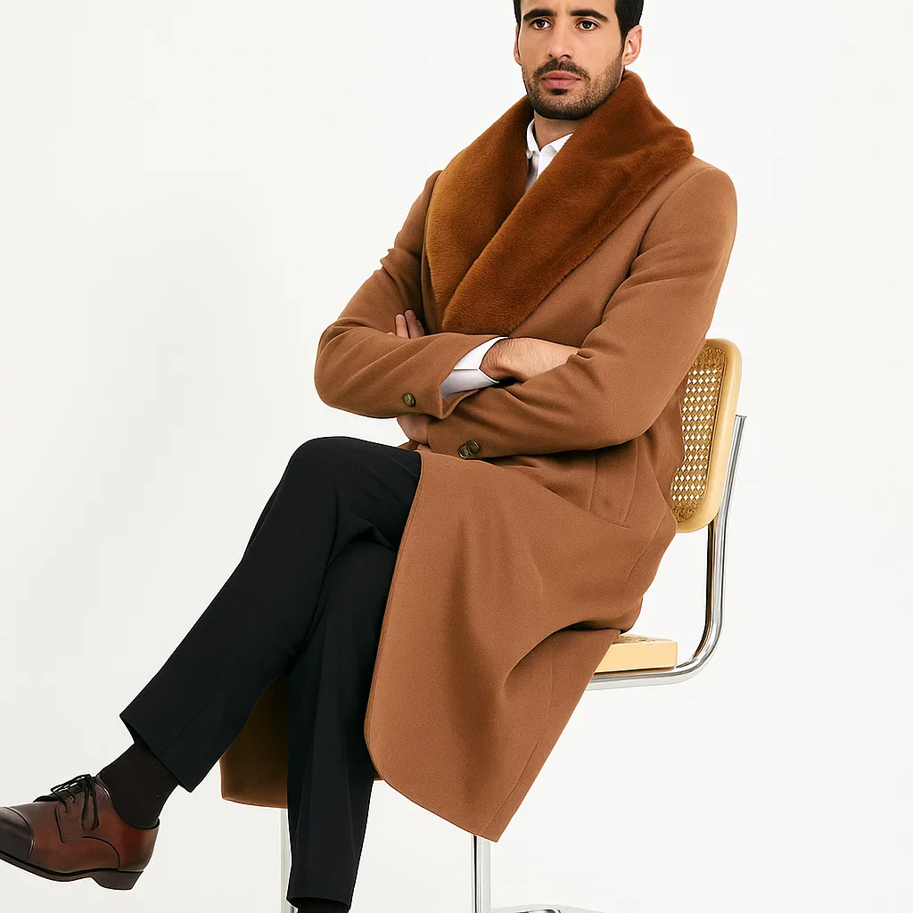 Mens Cashmere Blend Vicuna Light Brown - Dark Camel Coat Full length - Cashmere Overcoat - Image 7