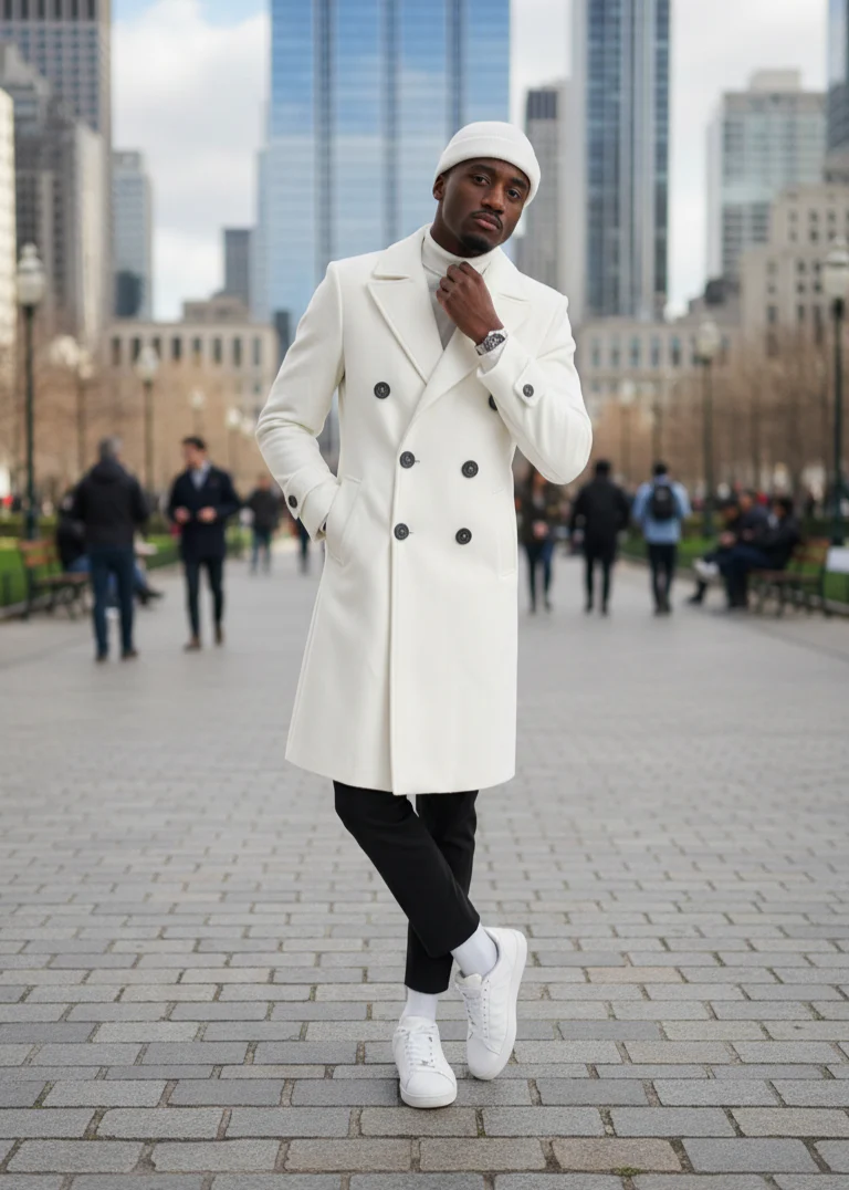 Mens Cashmere & Wool White Double Breasted Overcoat ~ Car Coat - Image 8