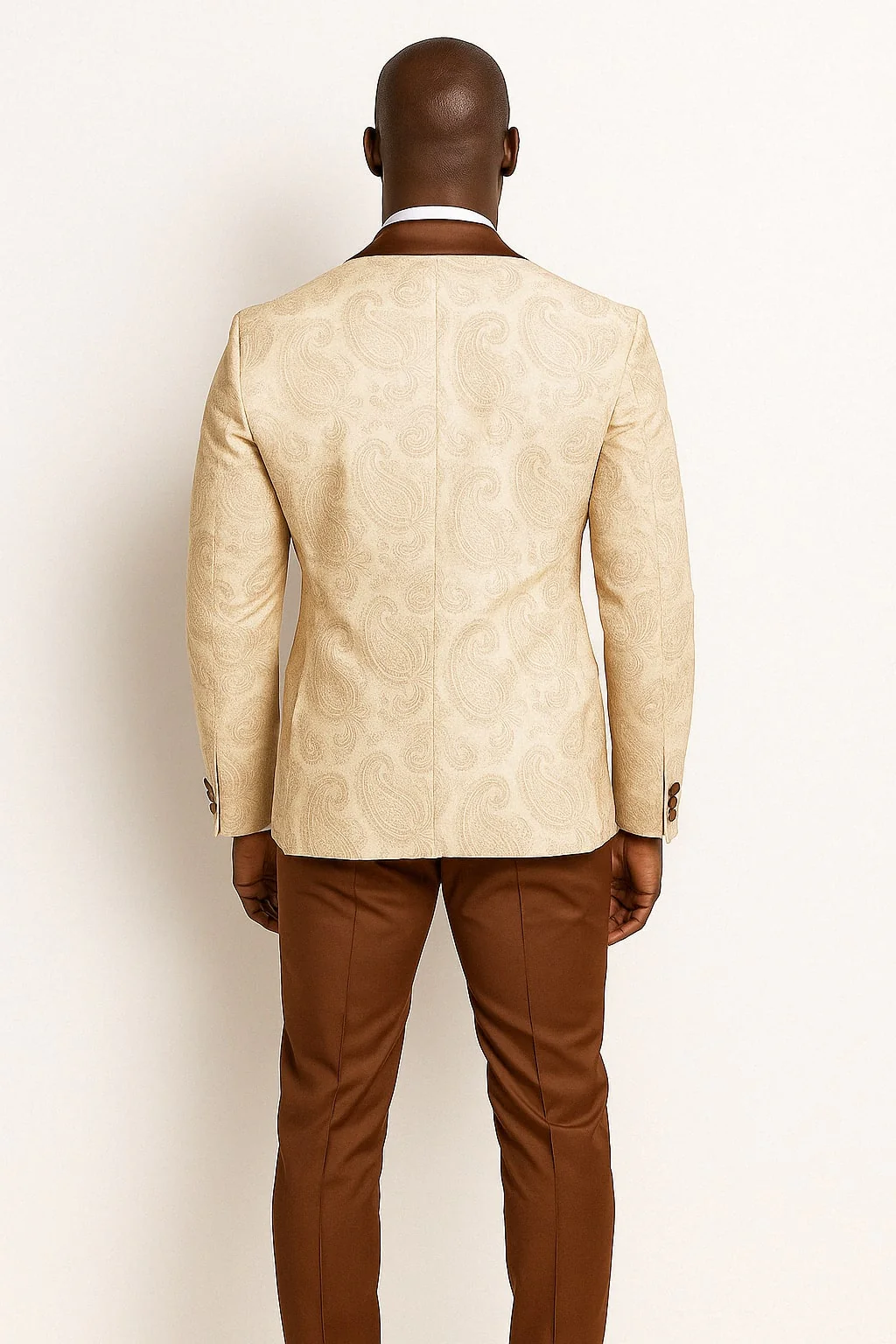 Mens Champagne Paisley Tuxedo with Brown Satin Lapel and Pants – Formal Wedding Suit with Chain Brooch - Image 2