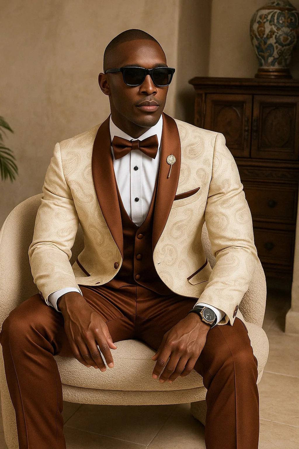 Mens Champagne Paisley Tuxedo with Brown Satin Lapel and Pants – Formal Wedding Suit with Chain Brooch - Image 3