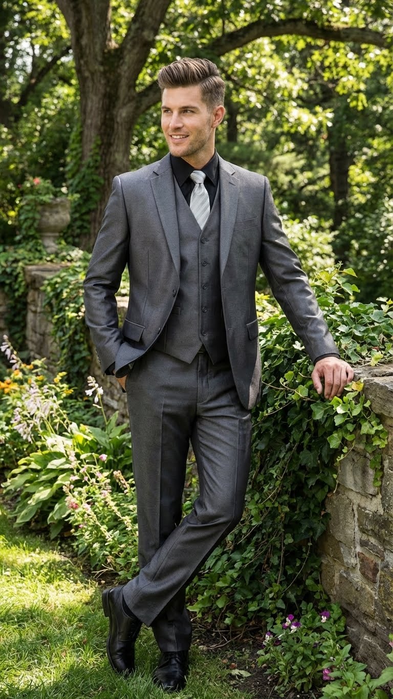 Mens Charcoal Gray Suit With Sheen - | Shiny Texture Fabric Three Piece Wedding and Party Business - Image 8