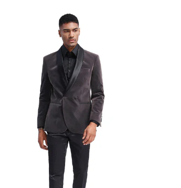 Mens Charcoal Gray Velvet Tuxedo Suit – Luxury Formal Wedding Suit with Black Shawl Lapel for Prom, Party Black Pants - Image 13