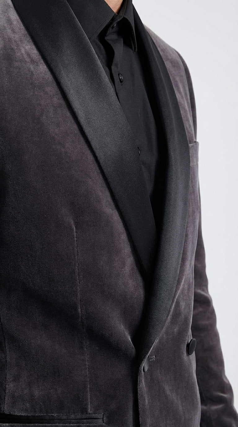 Mens Charcoal Gray Velvet Tuxedo Suit – Luxury Formal Wedding Suit with Black Shawl Lapel for Prom, Party Black Pants - Image 4