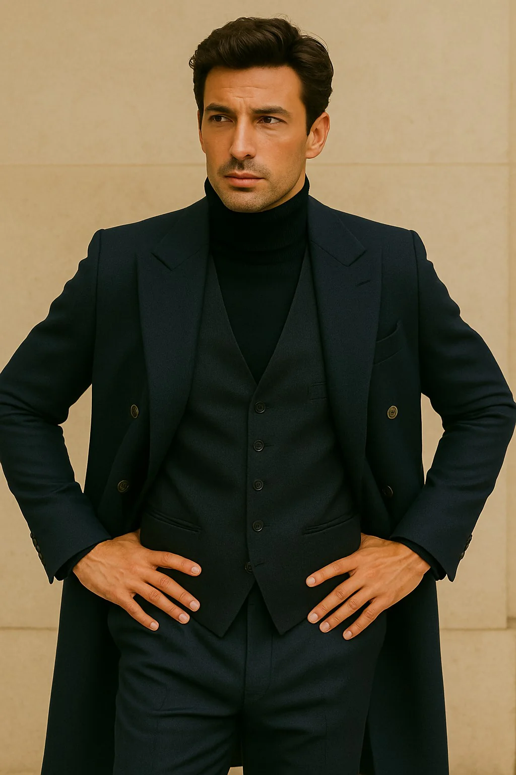 Men's Charcoal Grey - Dark Gray Fabric Double breasted Overcoat  44 inch full length Topcoat - Image 9