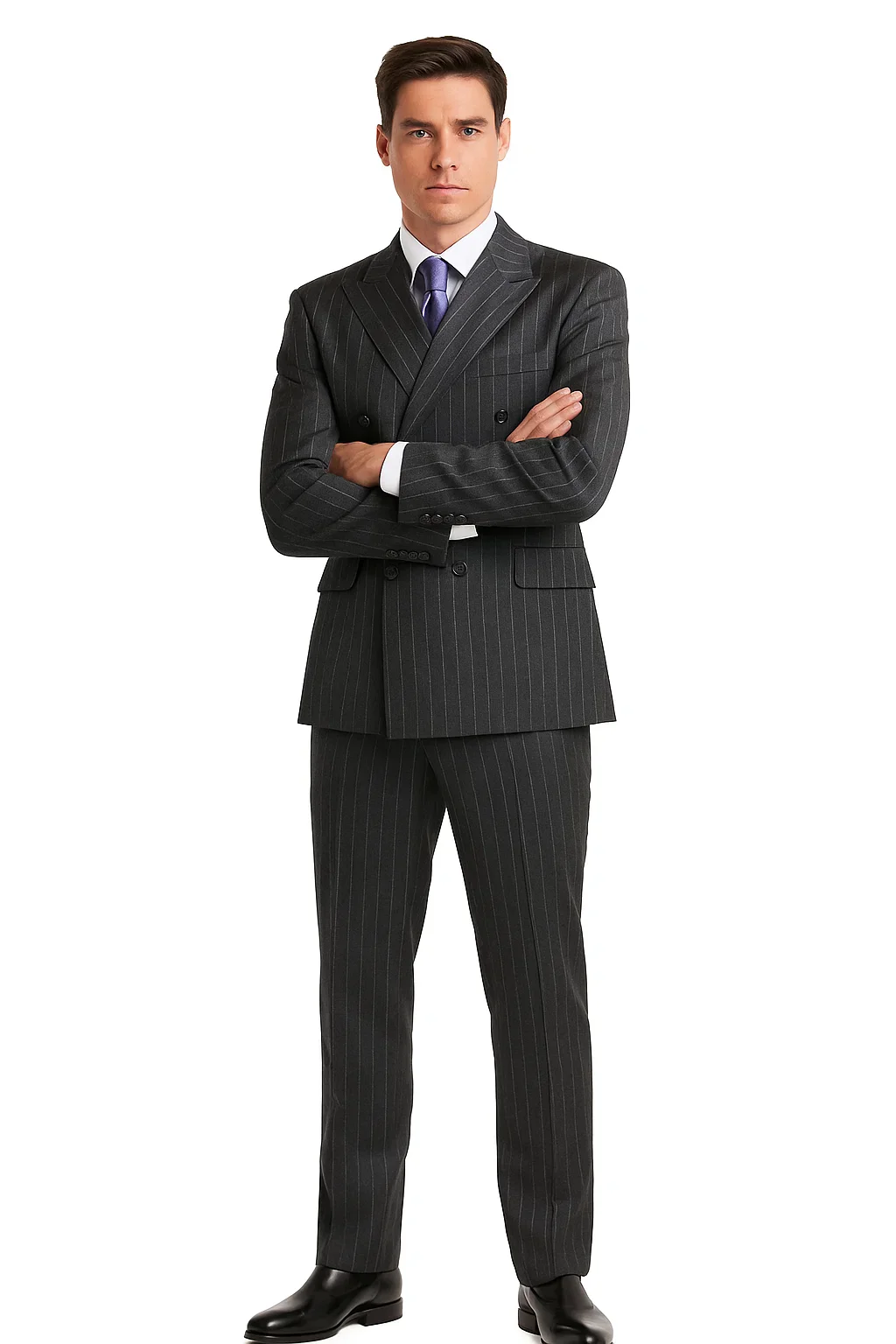 Men'S Charcoal Pinstripe Double Breasted Suits - Color: Dark Grey Suit - Image 3