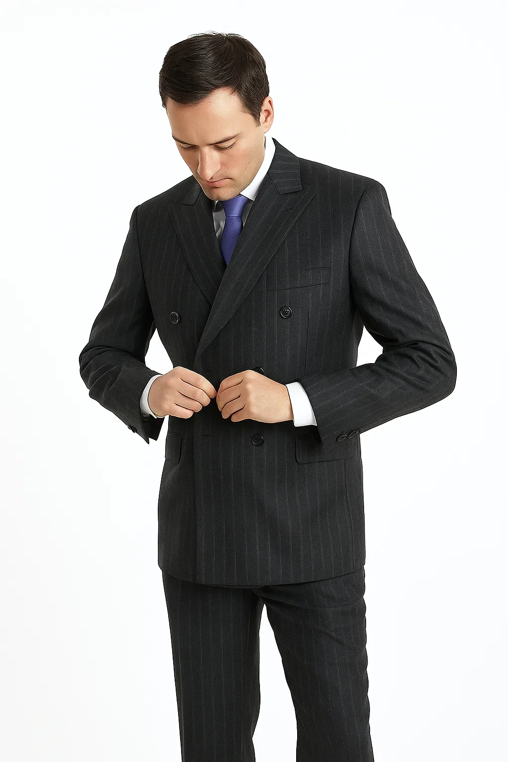 Men'S Charcoal Pinstripe Double Breasted Suits - Color: Dark Grey Suit - Image 4