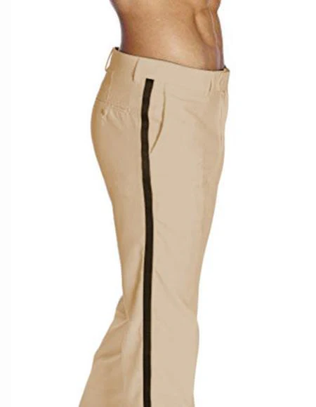 Men'S Classic Fit Khaki ~ Tan With Black Satin Stripe Flat Front Poly/Rayon Solid Tuxedo Pant