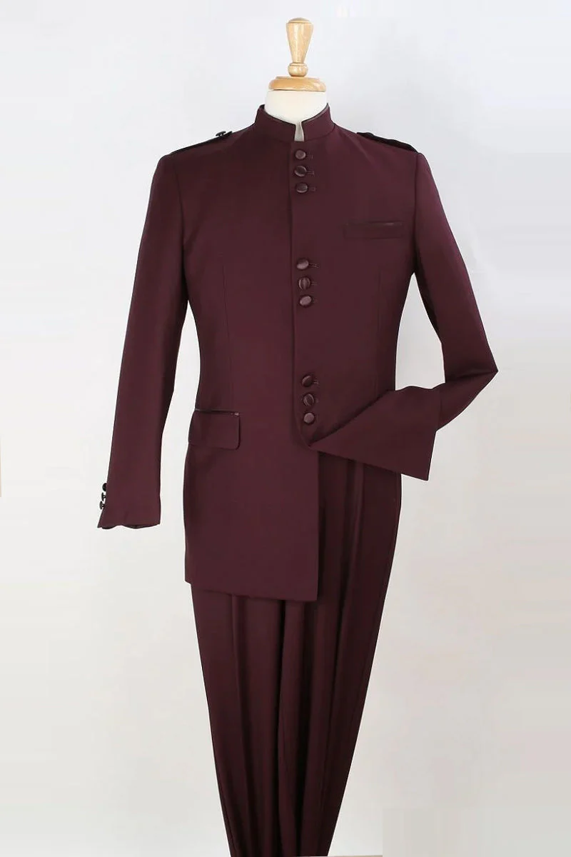 Apollo King "Burgundy Men's Classic Military Mandarin Safari Suit - Banded Collar"