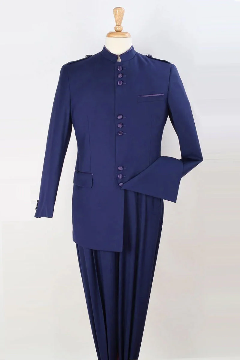 Apollo King "Military Safari Suit for Men - Classic Mandarin Collar in Navy blue"