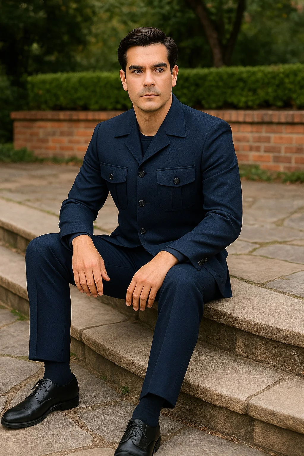 Mens Classic Navy Safari Suit with Utility Jacket and Coordinated Trousers - Image 2