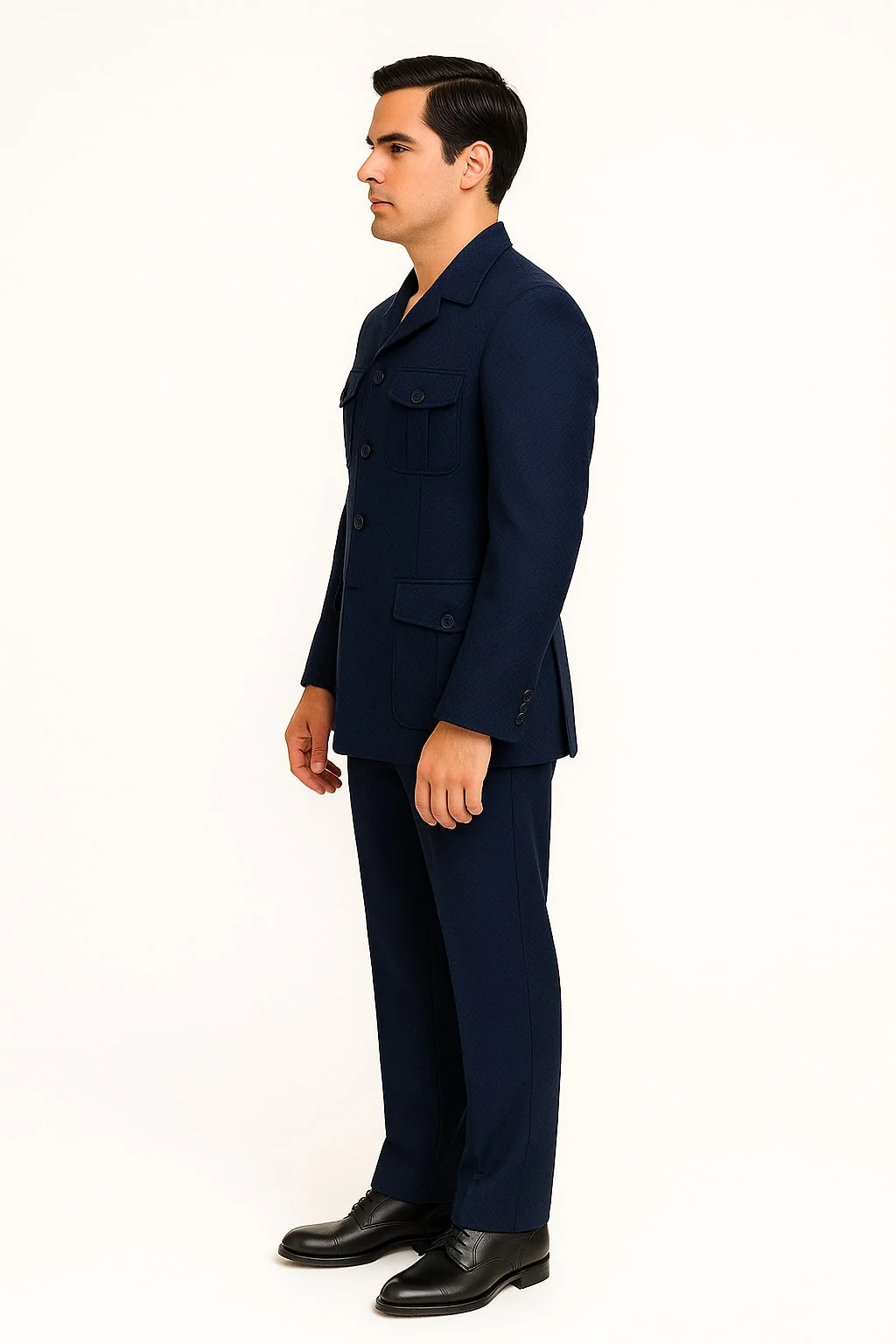 Mens Classic Navy Safari Suit with Utility Jacket and Coordinated Trousers - Image 3