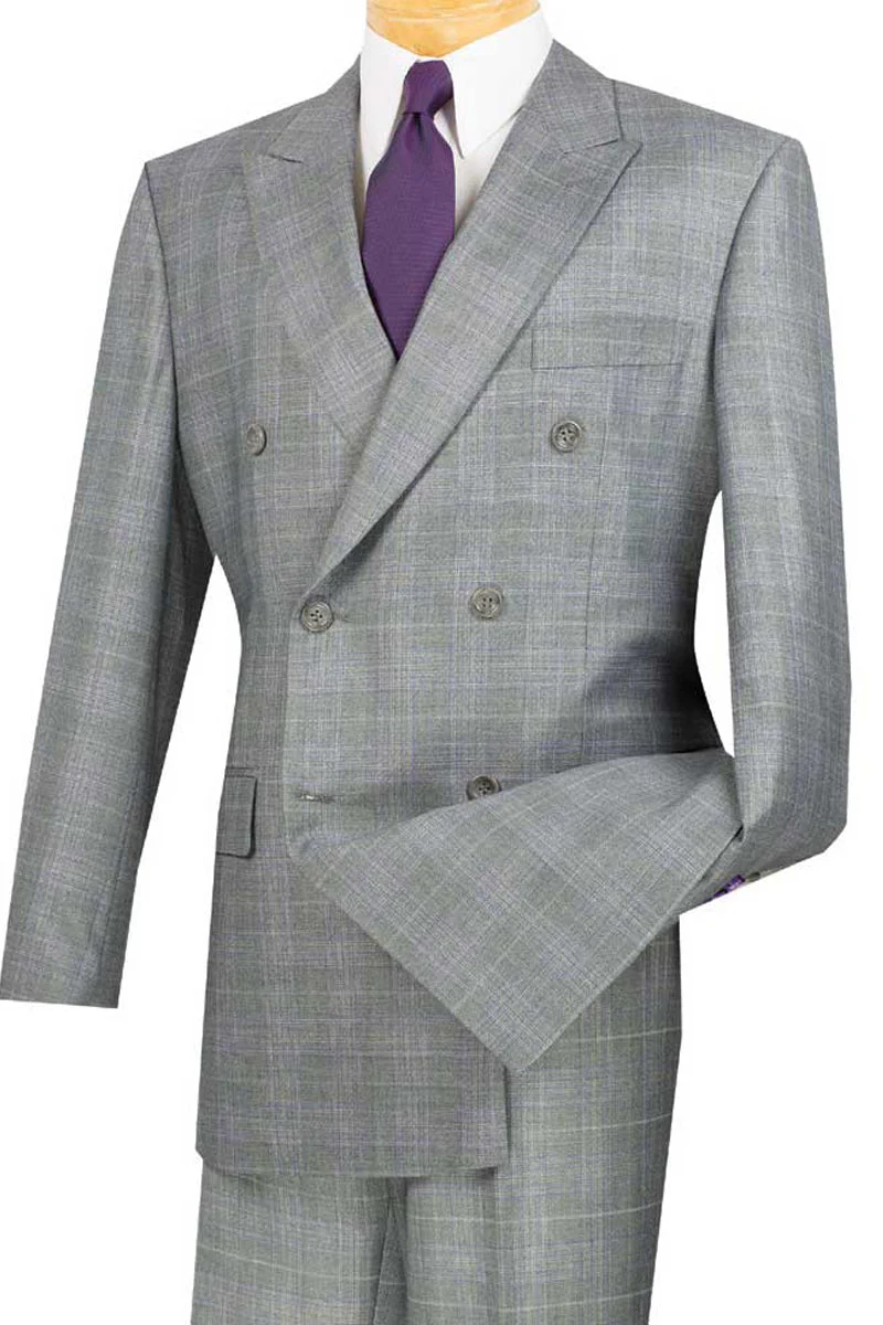 Mens Classic Wool Feel Double Breasted Glen Plaid Suit in Grey - Image 10