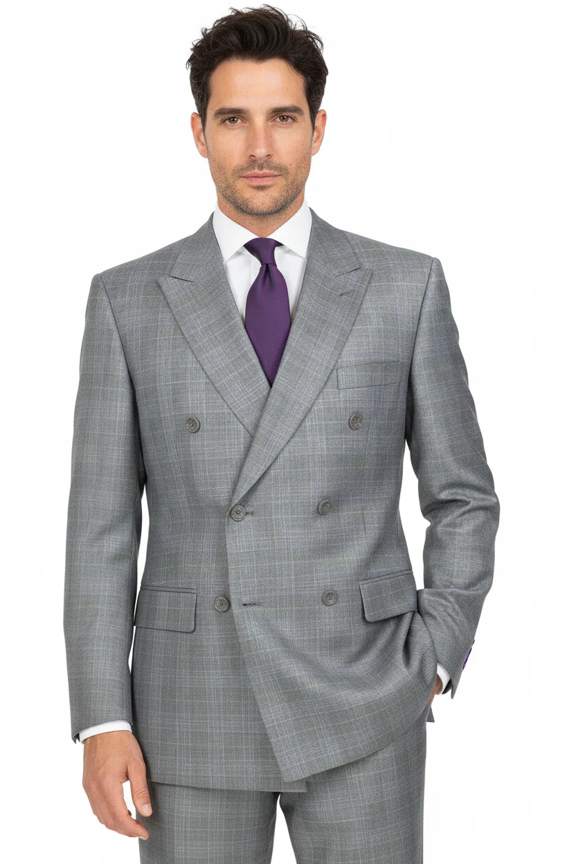 Mens Classic Wool Feel Double Breasted Glen Plaid Suit in Grey - Image 5