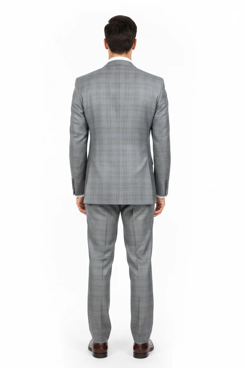 Mens Classic Wool Feel Double Breasted Glen Plaid Suit in Grey - Image 7