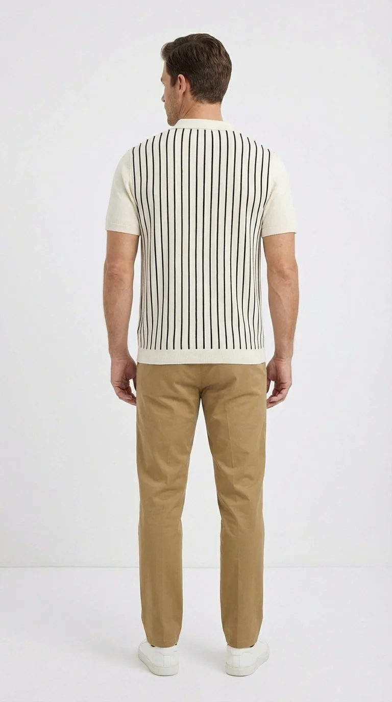 Mens Cream and Tan Striped Walking Suit Set – Casual Summer Short Sleeve Shirt and Pants Outfit for Vacation, Travel and Everyday Wear - Image 2