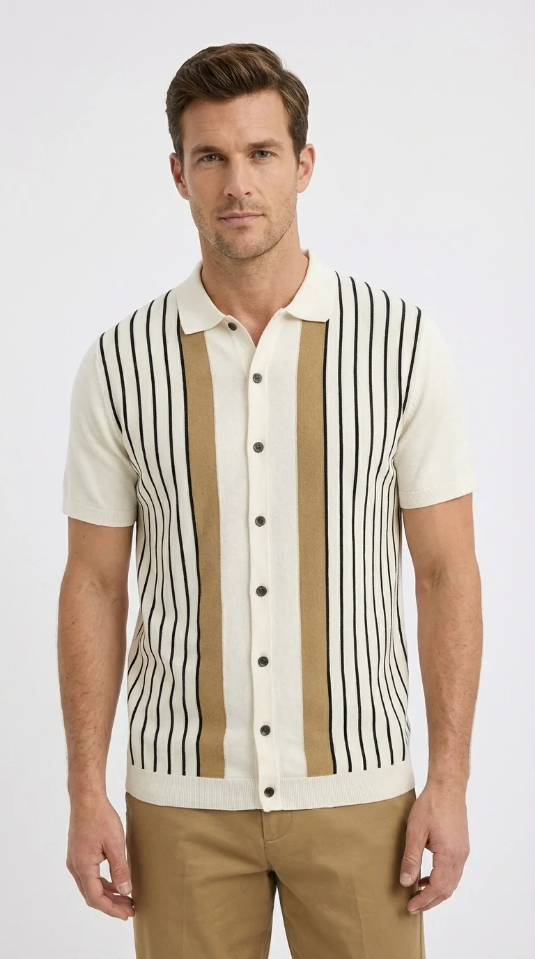 Mens Cream and Tan Striped Walking Suit Set – Casual Summer Short Sleeve Shirt and Pants Outfit for Vacation, Travel and Everyday Wear - Image 9
