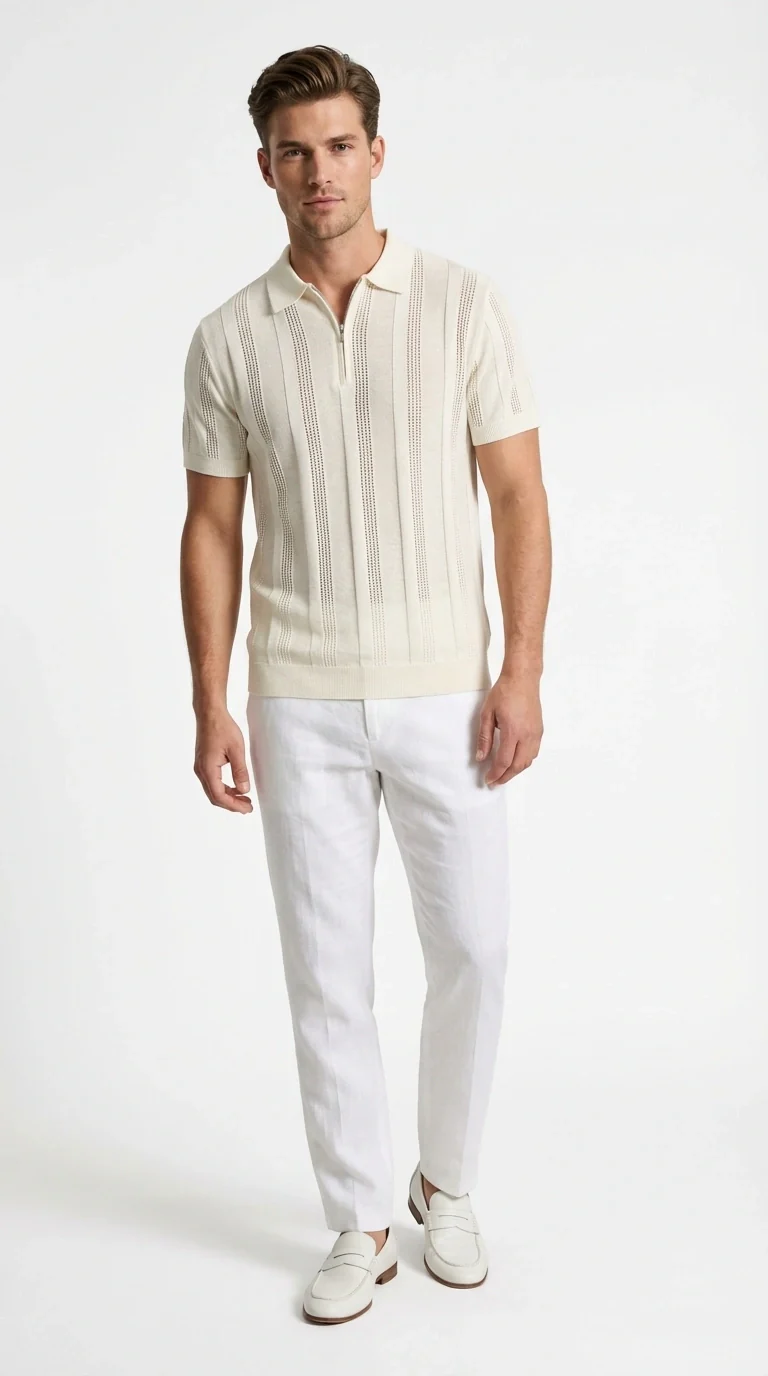 Mens Cream Ivory Off White Knit Walking Suit Set – Lightweight Short Sleeve Shirt and Pants Outfit for Summer, Vacation and Casual Wear - Image 2