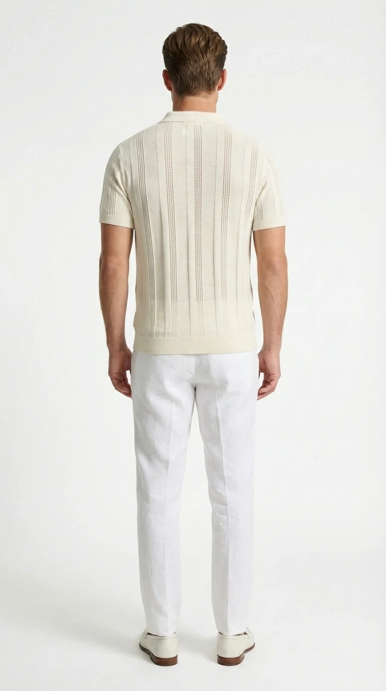 Mens Cream Ivory Off White Knit Walking Suit Set – Lightweight Short Sleeve Shirt and Pants Outfit for Summer, Vacation and Casual Wear - Image 3