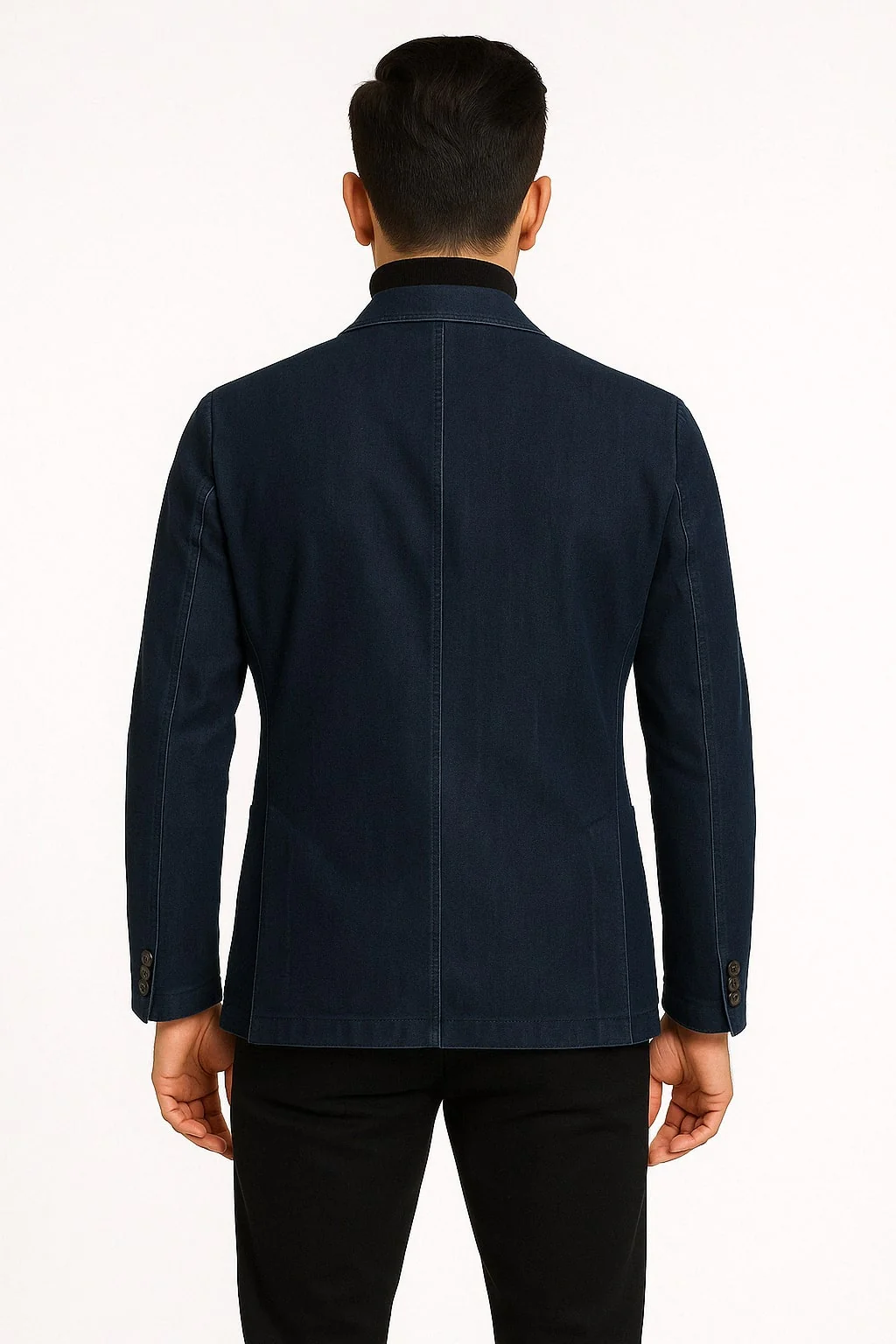 Mens Dark Blue Denim Casual Blazer with Notch Lapel and Single Button Closure - Image 2