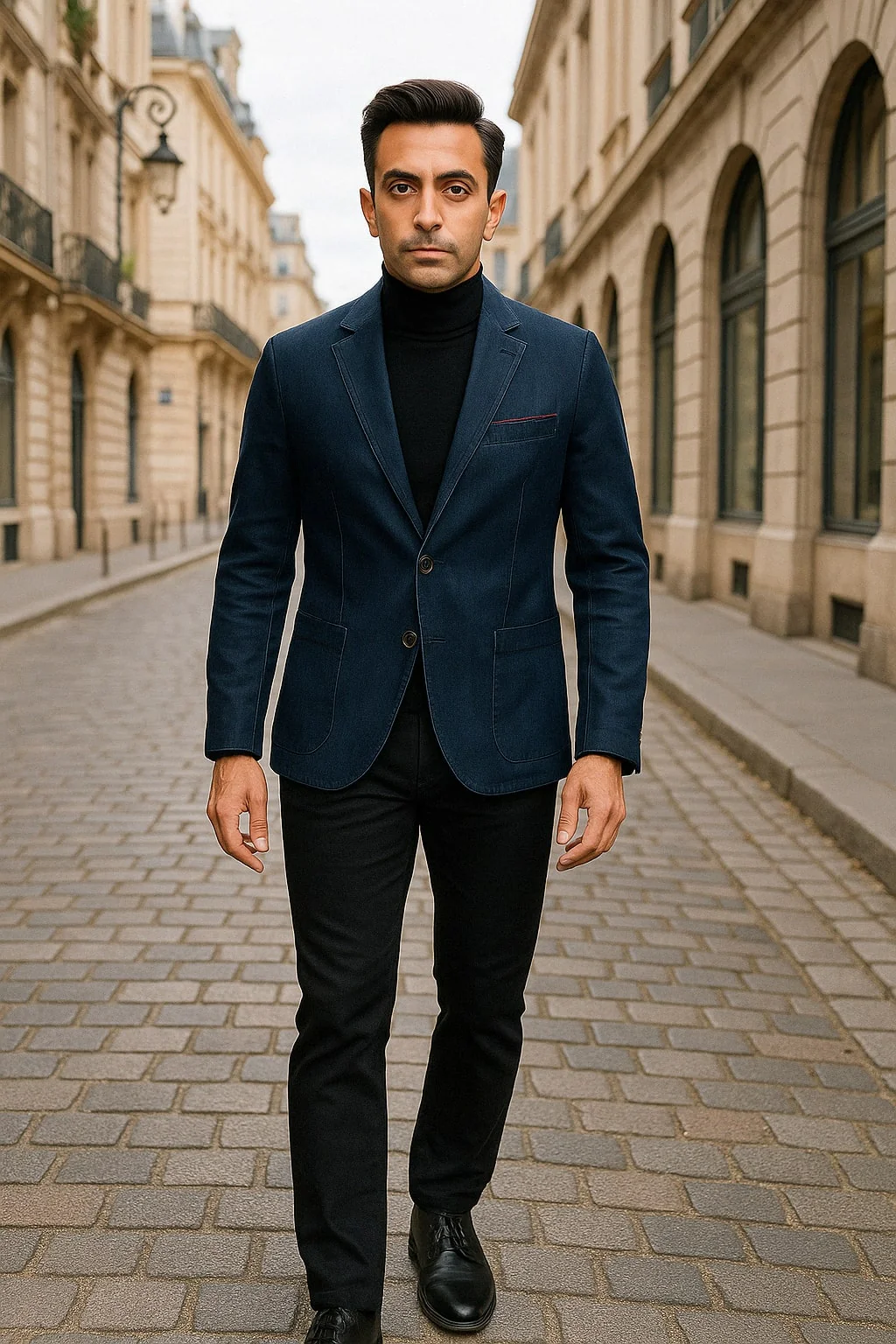 Mens Dark Blue Denim Casual Blazer with Notch Lapel and Single Button Closure - Image 3