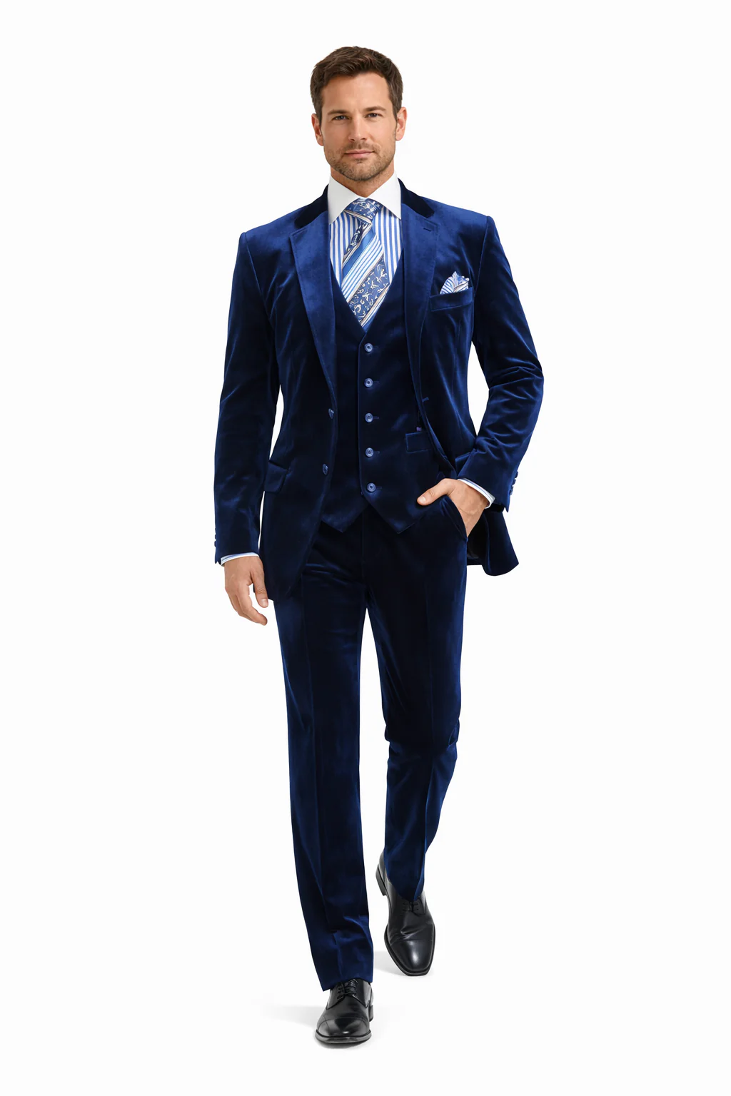 Men's Dark Navy velour Men's blazer Jacket 2 Button Velvet Fabric 3 Piece Vested  Side Vent Suit - Image 4