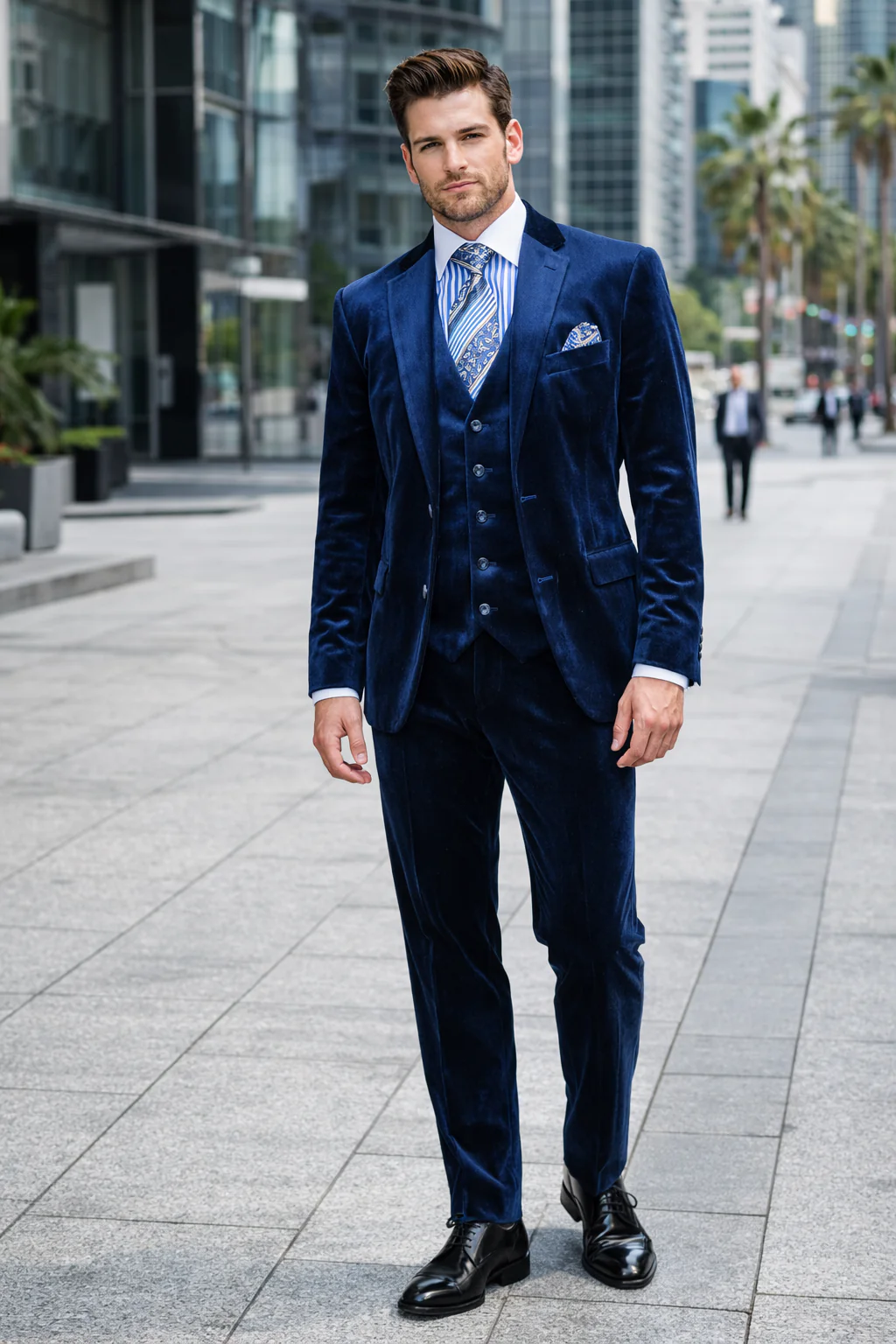Men's Dark Navy velour Men's blazer Jacket 2 Button Velvet Fabric 3 Piece Vested  Side Vent Suit - Image 7