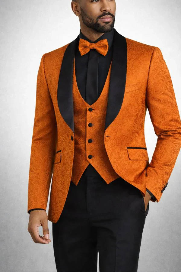 Men’s Designer Burnt Orange Floral Brocade Slim Fit Formal Tuxedo - Image 3